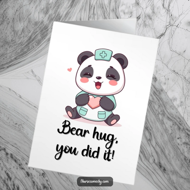 Funny Free Printable Panda Nurse Congrats Card featuring a cute character excitedly giving a loving hug with a heart, perfect for celebrating success.