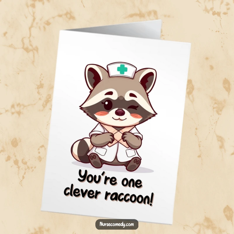 Funny Free Printable congratulations card: A skilled raccoon nurse winks while expertly tying a bandage, celebrating success.