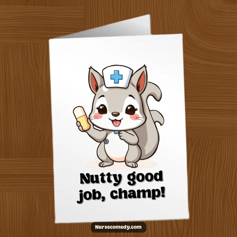Funny Free Printable Card: Squirrel nurse happily presenting a pill, celebratory downloadable art.