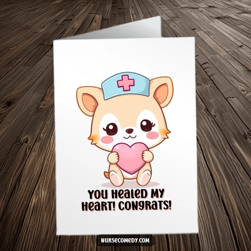 Funny Free Printable Congratulations Card: A Kawaii nurse animal offers a heart-shaped bandage, celebrating success with kindness.