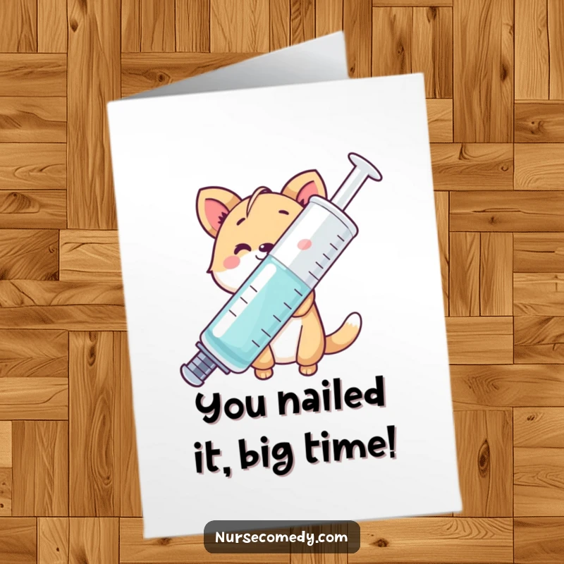Funny Free Printable Congratulations Card showing a smiling animal behind a large syringe, a humorous downloadable gift.