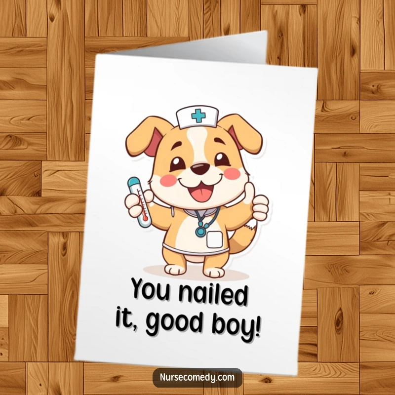 Funny Free Printable Congrats Card: Joyful dog nurse wagging tail, giving a thumbs up with a thermometer in celebration.