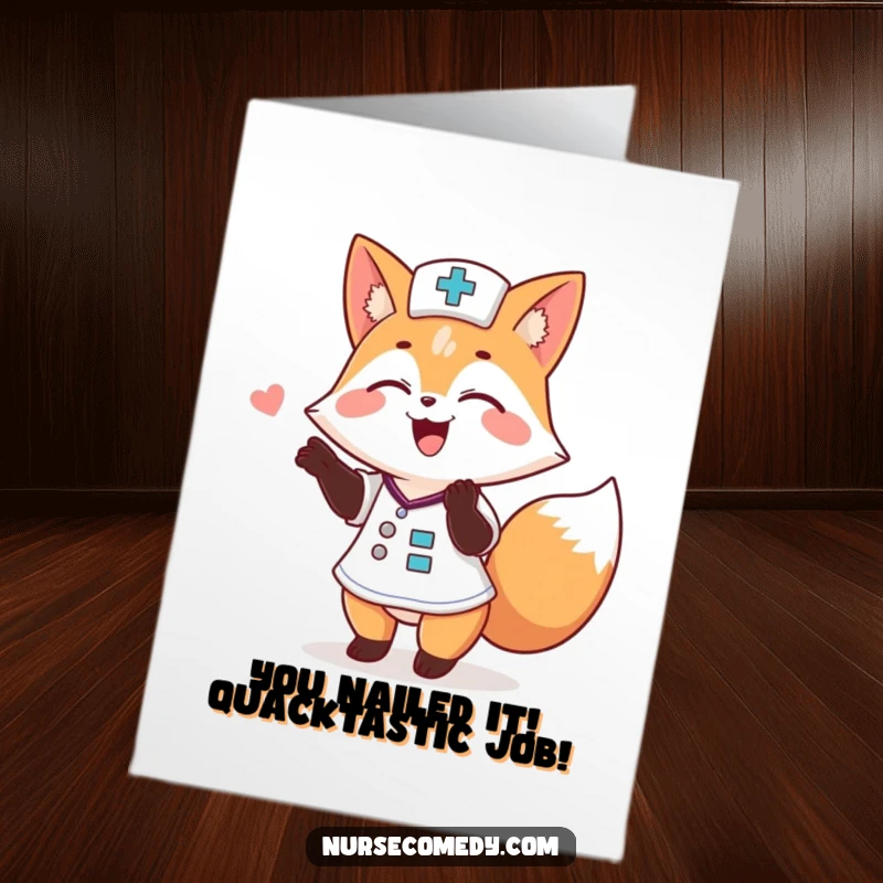 Funny Free Printable congrats card: Energetic fox nurse enthusiastically giving a supportive pat on the back for a great achievement.