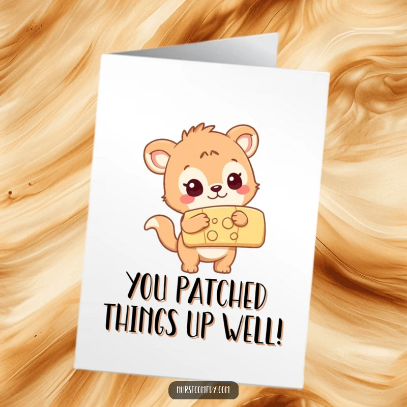 Funny Free Printable Congratulations Card: curious animal checking out a large colorful bandage, a quirky DIY gift.