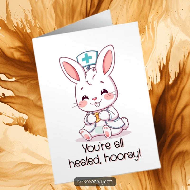 Funny Free Printable Congratulations Card: A cartoon bunny nurse happily places a bright bandage on a small patient, signifying healing.