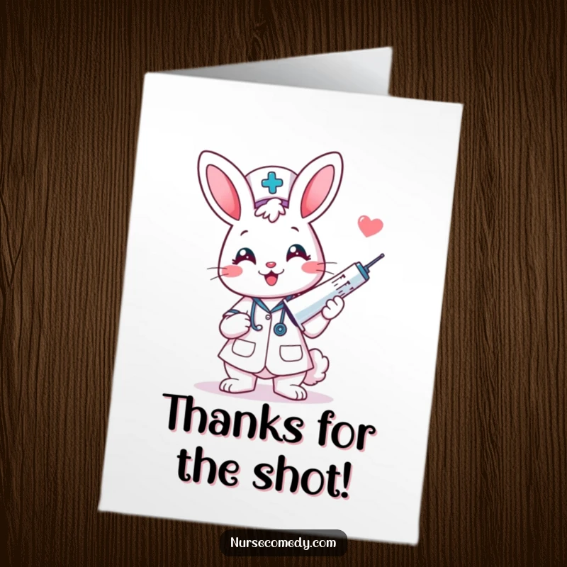 Funny Free Printable Thank You Card: A kawaii bunny nurse with a giant syringe offers thanks.