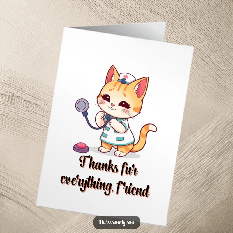 Funny Free Printable Thank You Card with a cat nurse bouncing a stethoscope, a humorous way to say thanks, DIY gift.