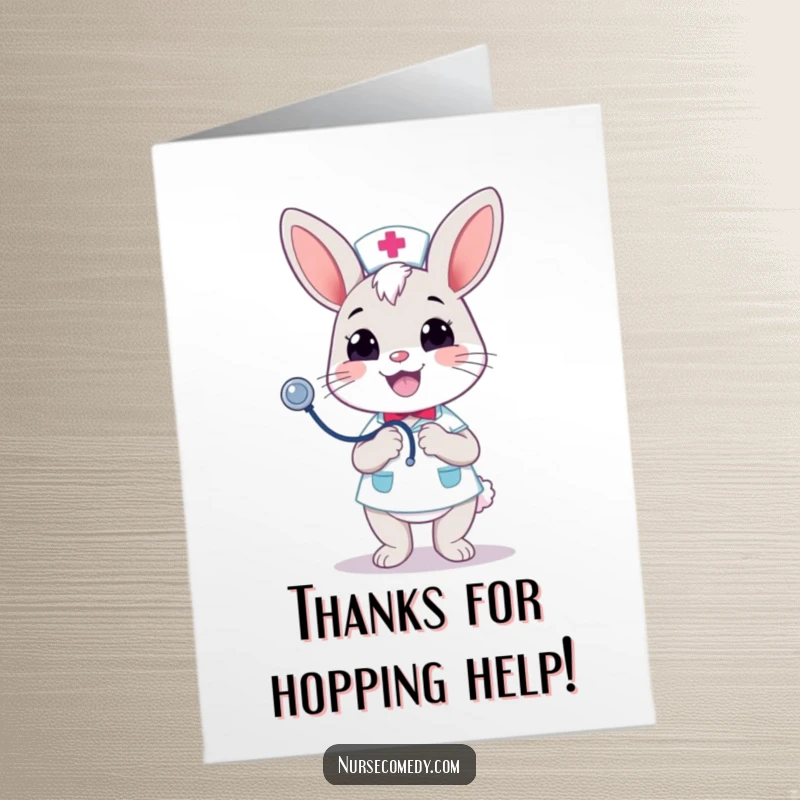 Funny Free Printable Thank You Card: Kawaii bunny nurse bouncing stethoscope, cheerful grin, perfect gift.