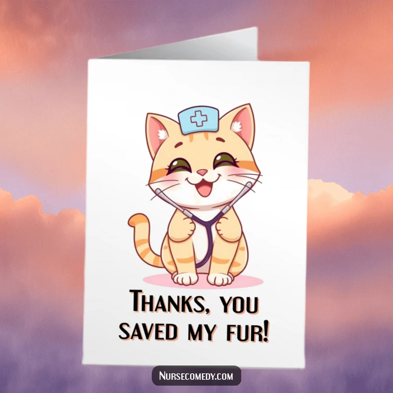 Funny Free Printable Thank You Card: A smiling cat nurse with a stethoscope bounces playfully, sending thanks with joy.