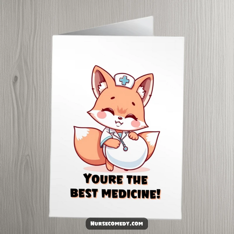 Funny Free Printable Thank You Card: A playful Kawaii fox nurse hiding behind a giant pill, giving a sly, happy grin.