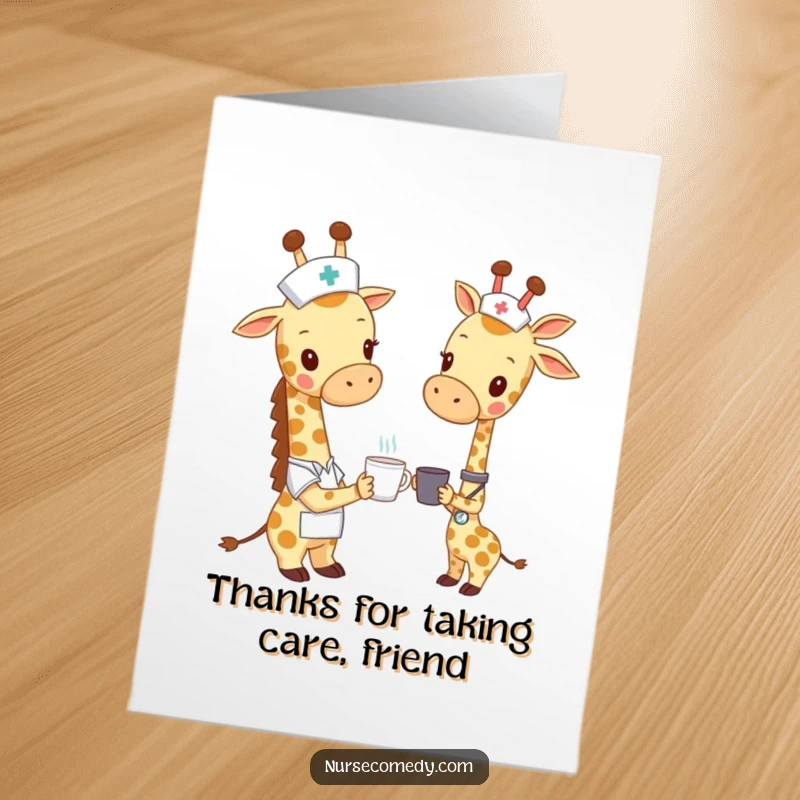 Funny Free Printable Thank You Card: Giraffe nurse character offering a tiny cup, symbolizing a kind thank you.