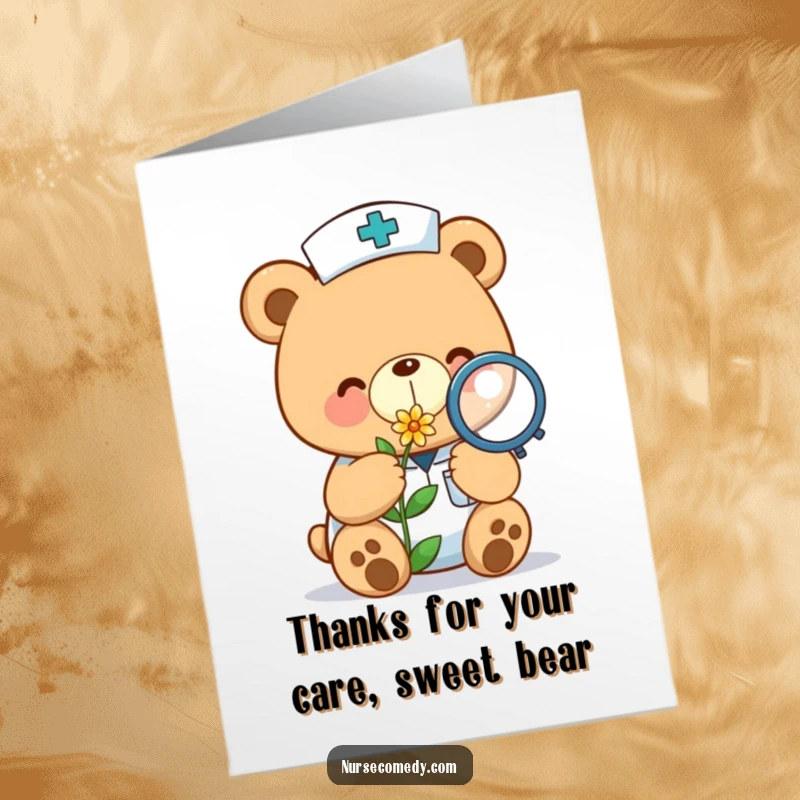 Funny Free Printable Thank You Card: A kawaii bear nurse using a magnifying glass to examine a delicate flower, offering thanks.