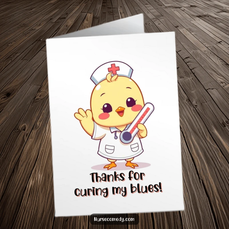 Funny Free Printable Thank You Card: Adorable Kawaii chick nurse waving a friendly hello, thermometer in hand, sending thanks.