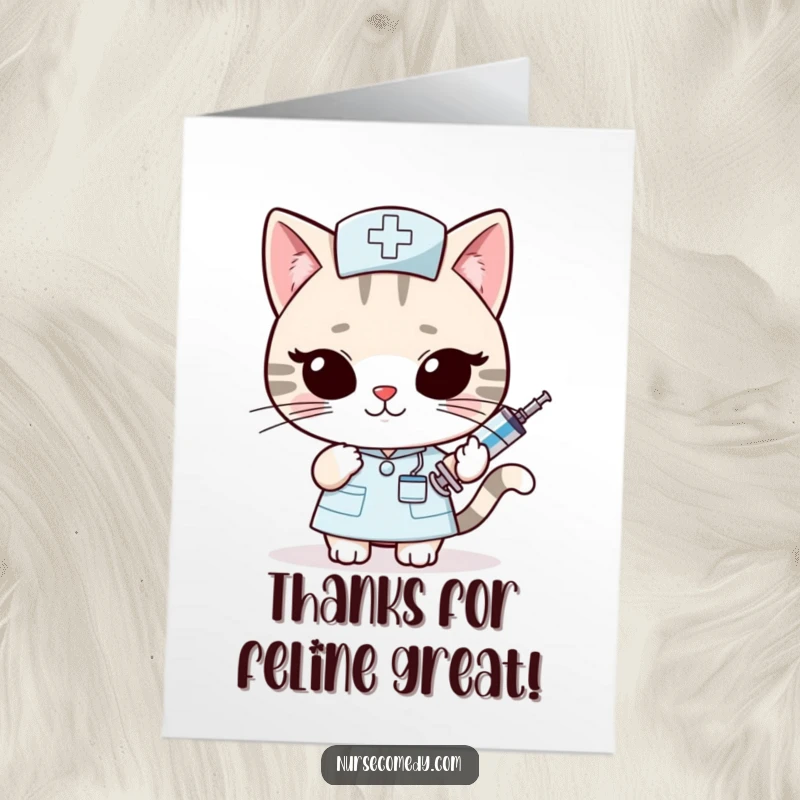 Funny Free Printable Thank You Card: Kawaii cat nurse slyly offering tiny oversized syringe with a wink, perfect gift.