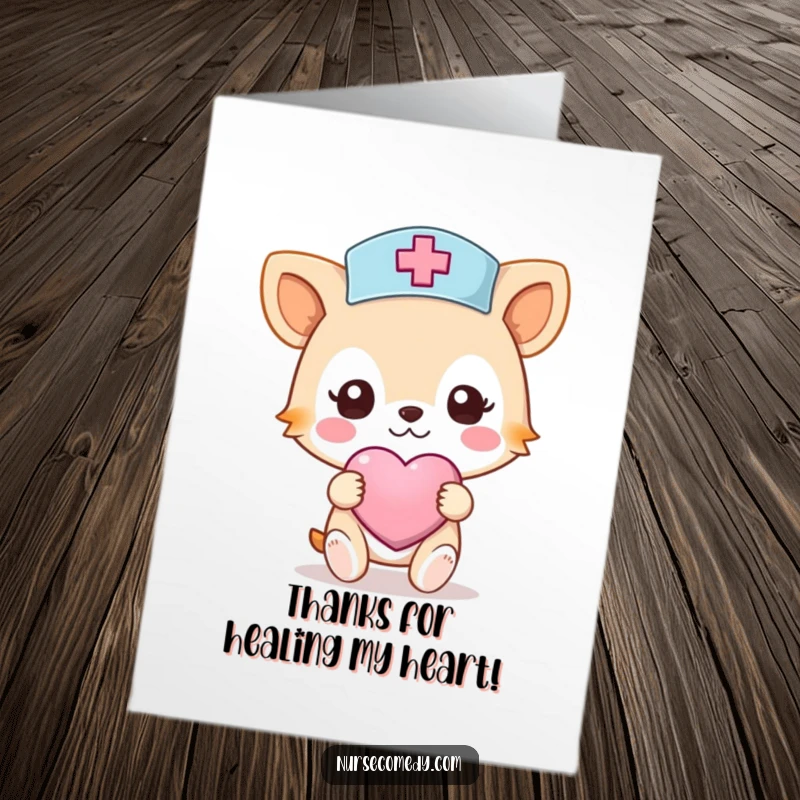 Funny Free Printable Thank You Card: A Kawaii nurse animal holds a heart bandage, offering a sweet thank you for care.