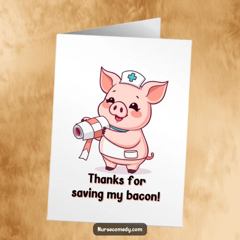 Free Printable Thank You Card: Pig nurse joyfully holding a bandage roll, funny DIY thank you.