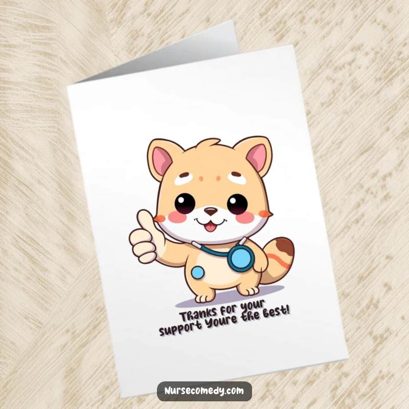 Funny Free Printable Thank You Card: A Kawaii doctor animal with a stethoscope gives a thumbs up, expressing gratitude.