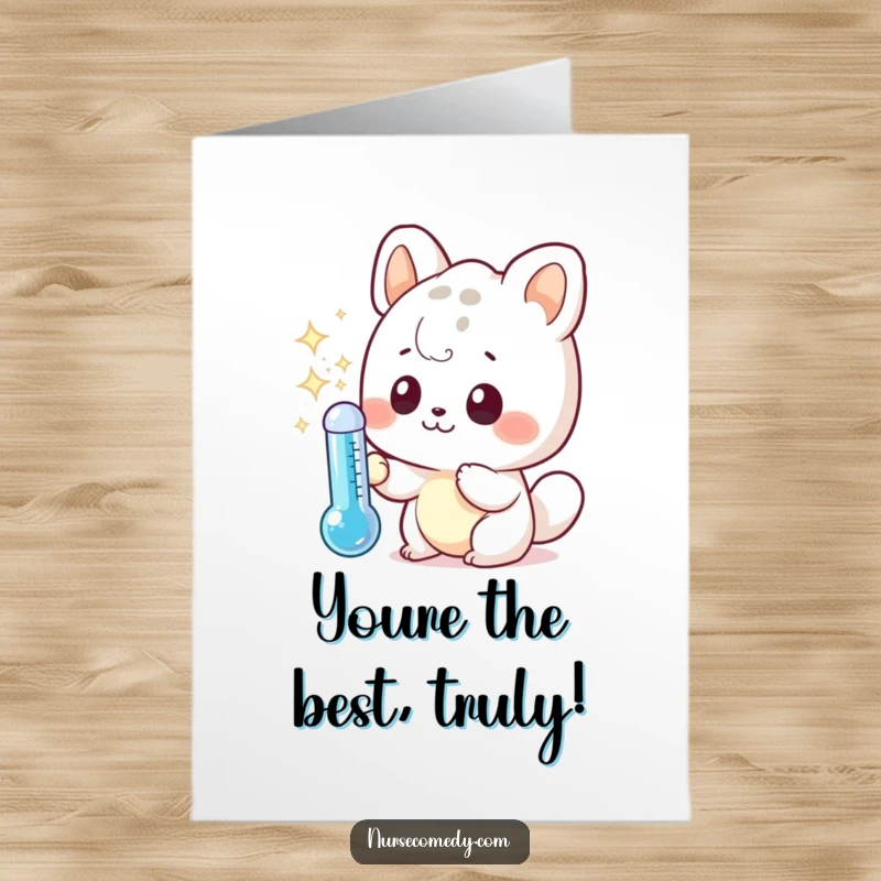 Funny Free Printable Thank You Card showing a curious kawaii animal with a thermometer, expressing thanks with a smile.