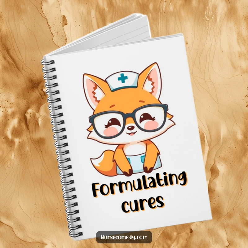 Funny fox nurse notebook featuring a smiling fox with large glasses, ideal for journaling and note-taking with a warm touch.