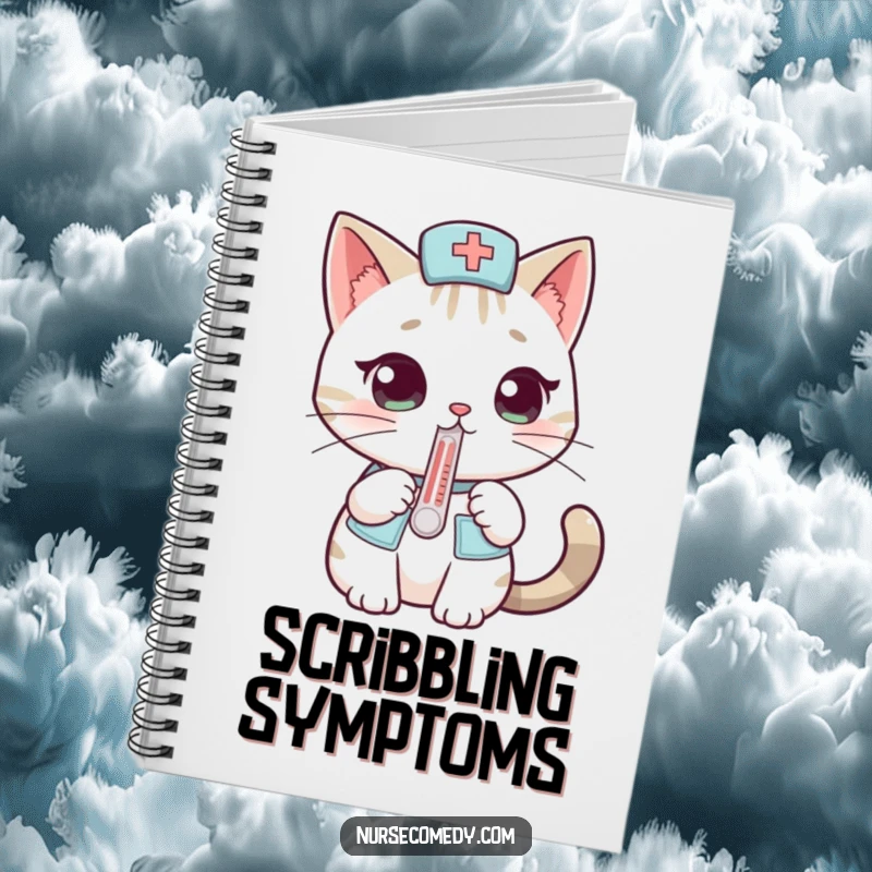 Funny cat nurse notebook featuring a curious cat with a thermometer, ideal for note-taking and journaling with a humorous touch.