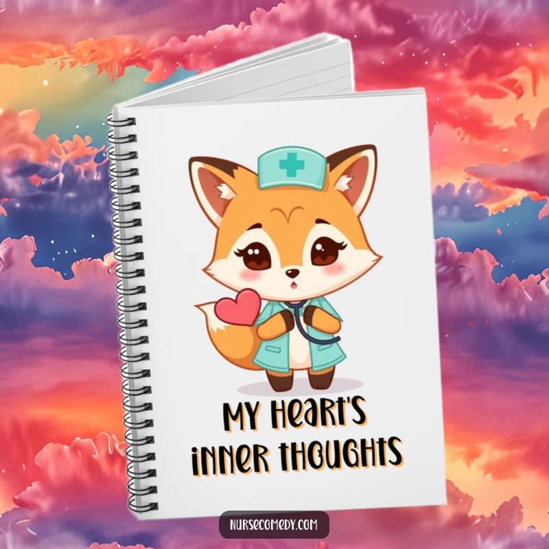 Funny Fox Nurse Notebook with a curious fox and stethoscope checking a heart, great for medical notes.