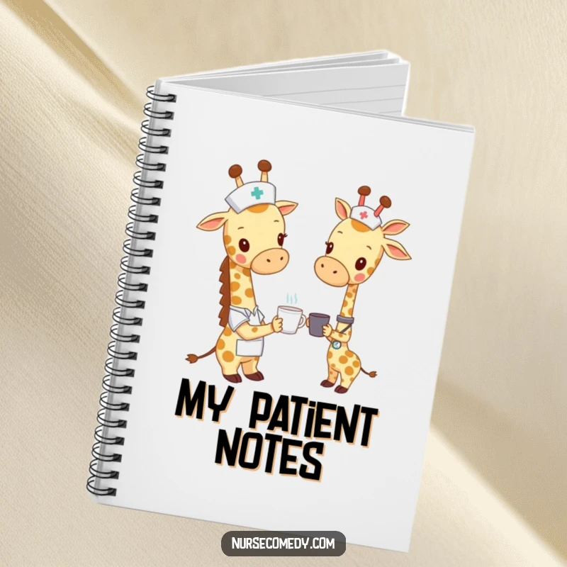 Funny giraffe nurse notebook, a giraffe in nursing scrubs offering a tiny cup, perfect for jotting down notes with a humorous sense of care.