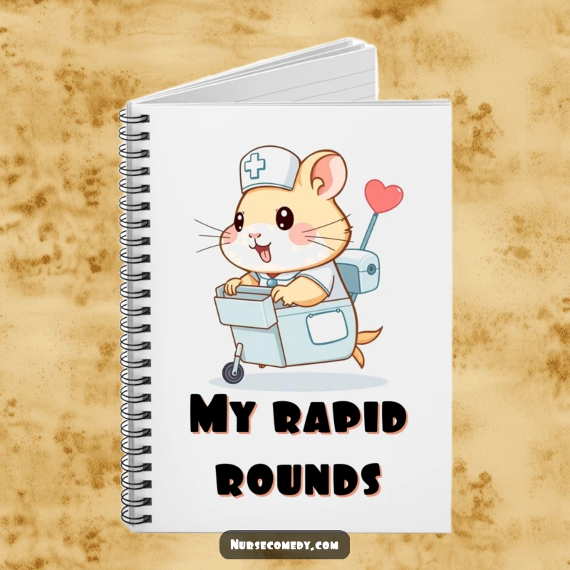 Funny hamster nurse notebook, a hamster in nursing scrubs zooming with a medicine cart, perfect for jotting down notes with a humorous sense of speed.