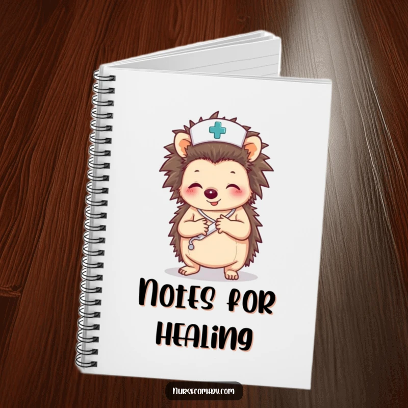 Funny notebook with a hedgehog nurse character carefully wrapping a paw with a bandage, ideal for note-taking.