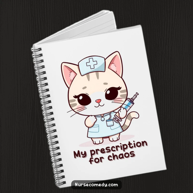 Funny Kawaii Cat Nurse Notebook: Slyly offering an oversized syringe with a wink, inspiring cunningly funny notes. Ideal funny gift.
