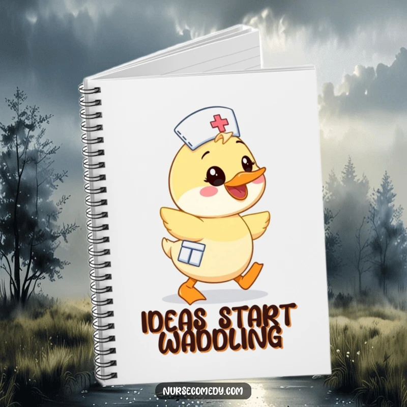 Funny Kawaii Duck Nurse Notebook, cute cartoon character waddling enthusiastically with a wide smile, perfect for journaling and notes.