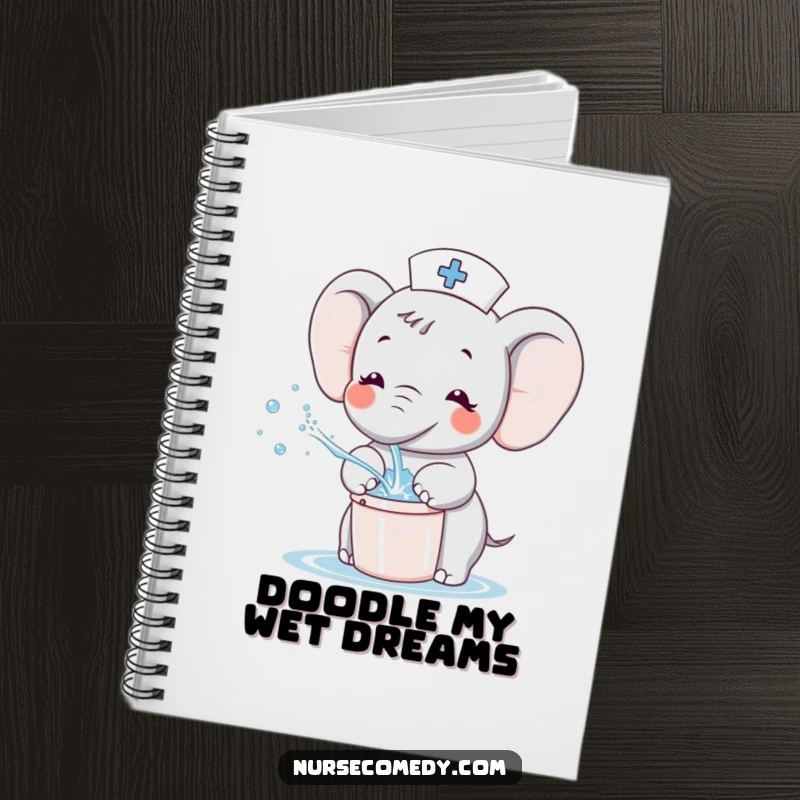 Funny Kawaii Elephant Nurse Notebook, cute cartoon character joyfully splashing water with a bucket, perfect for journaling and notes.