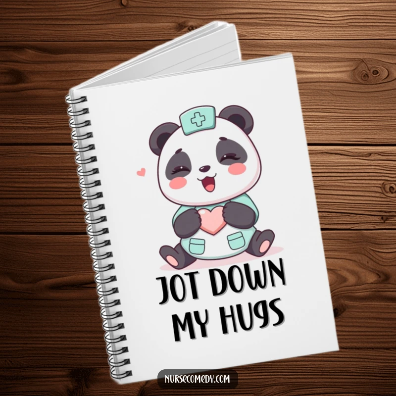 Funny Kawaii Panda Nurse Notebook, cute cartoon character offering a comforting hug, heart symbol, ideal for journaling and notes.