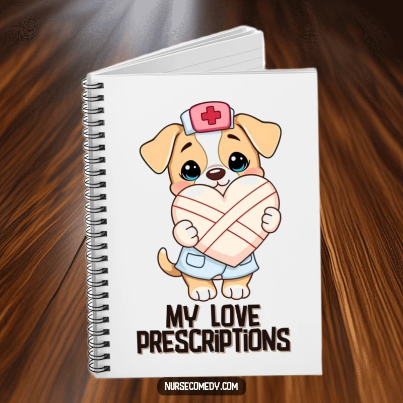 Funny Kawaii Puppy Nurse Notebook: A cute cartoon puppy in nurse uniform holds a bandaged heart, ideal for jotting down thoughts with charm.