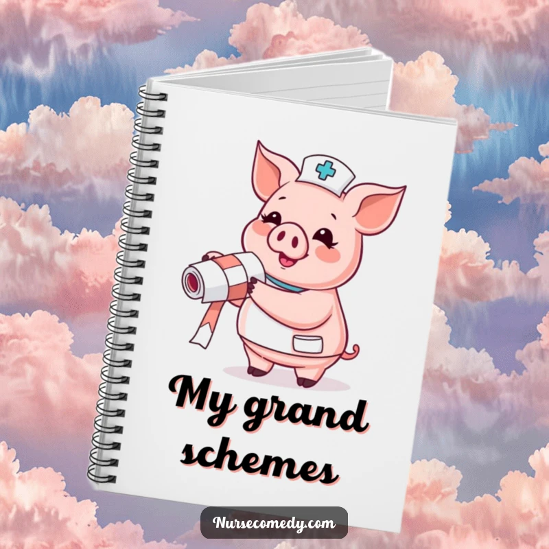 Funny Pig Nurse Notebook with a gleeful pig and bandage roll, great for medical notes.