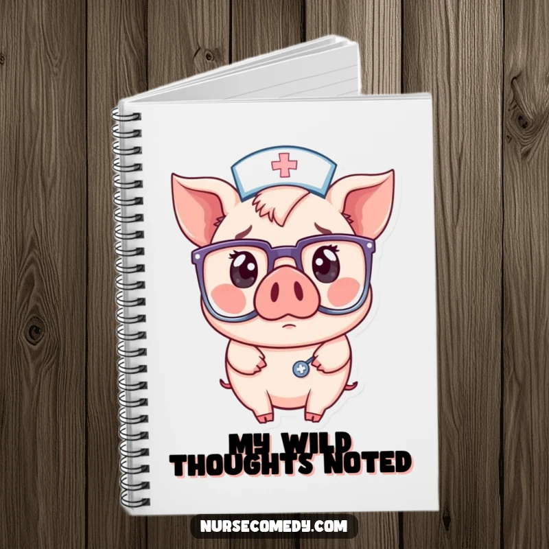 Funny notebook cover featuring a kawaii pig nurse with a surprised expression, peeking over oversized glasses, ready to record funny notes.