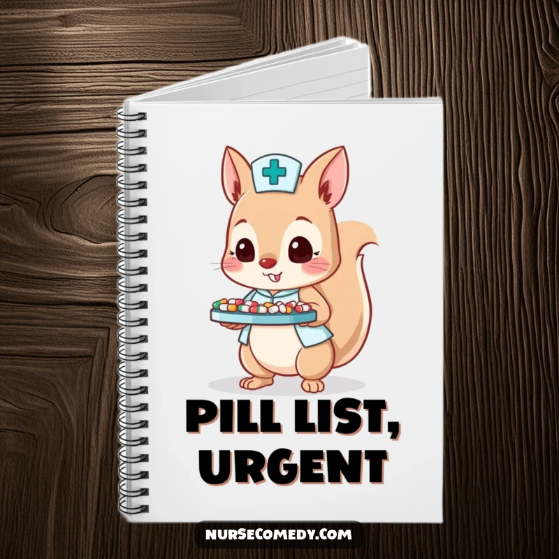 Funny notebook with a squirrel nurse character balancing a tray of tiny pills, ideal for note-taking.