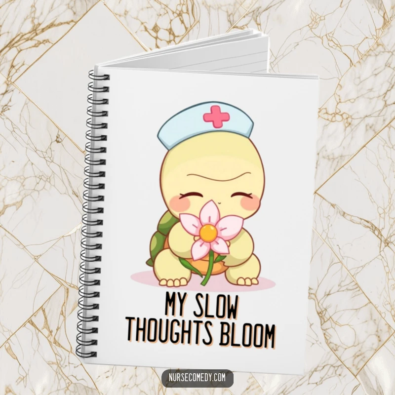 Funny turtle nurse notebook with a character slowly offering a calming flower, perfect for jotting down notes with gentle humor and inspiration.