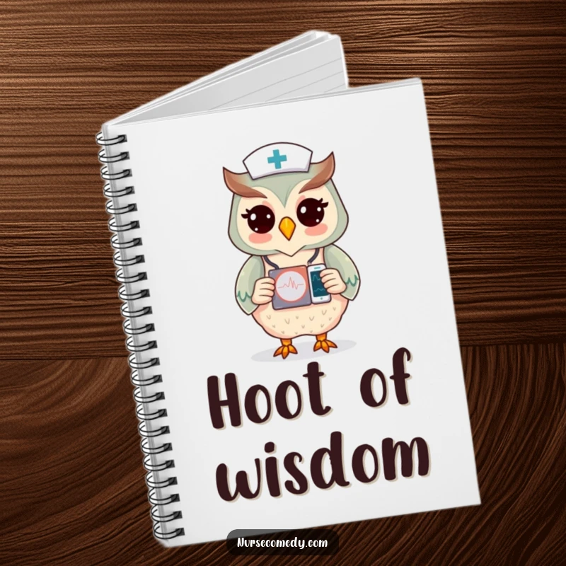 Funny notebook with an owl nurse character diligently checking a heart monitor display, ideal for note-taking.