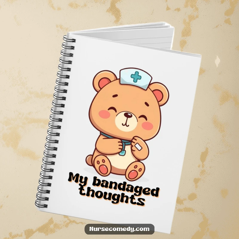 Funny bear nurse holding a bandage on a notebook cover, perfect for jotting down medical notes or gentle healing observations with a smile.