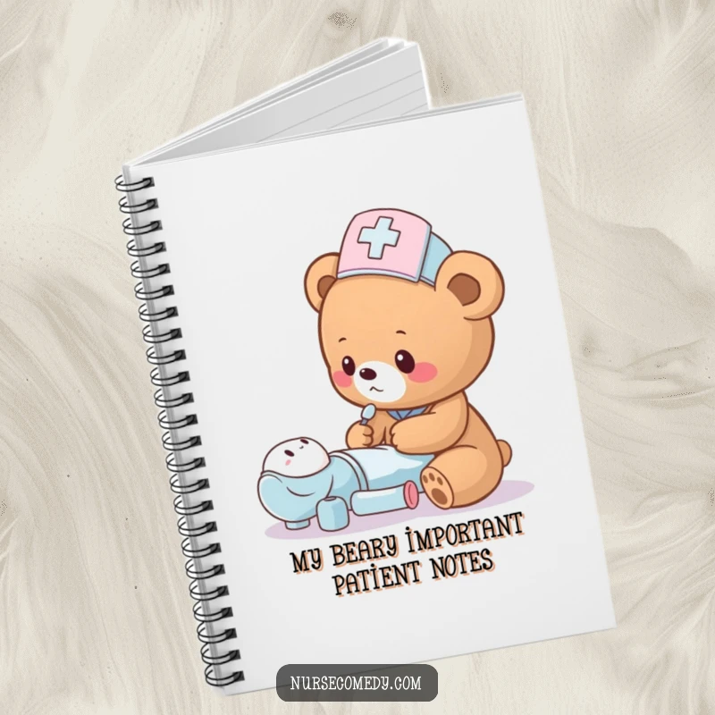 Funny bear cub nurse illustration on a notebook, humorously tending to a toy patient for daily notes.