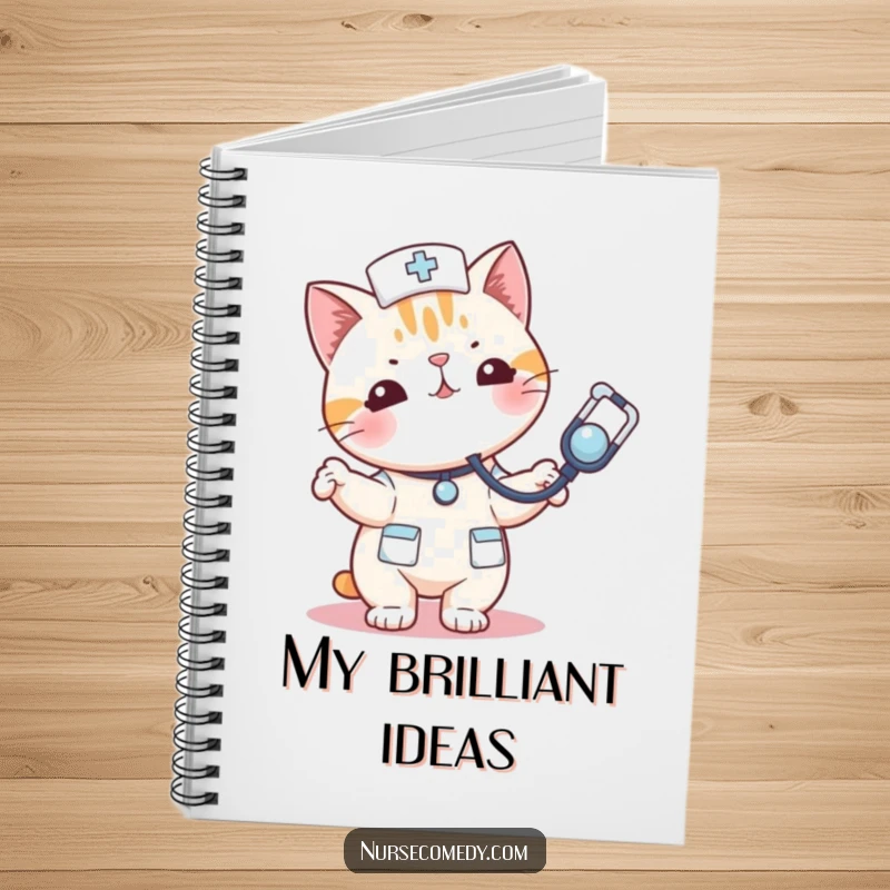 Funny kawaii cat nurse notebook bouncing a stethoscope like a toy, encouraging fun and creative writing.