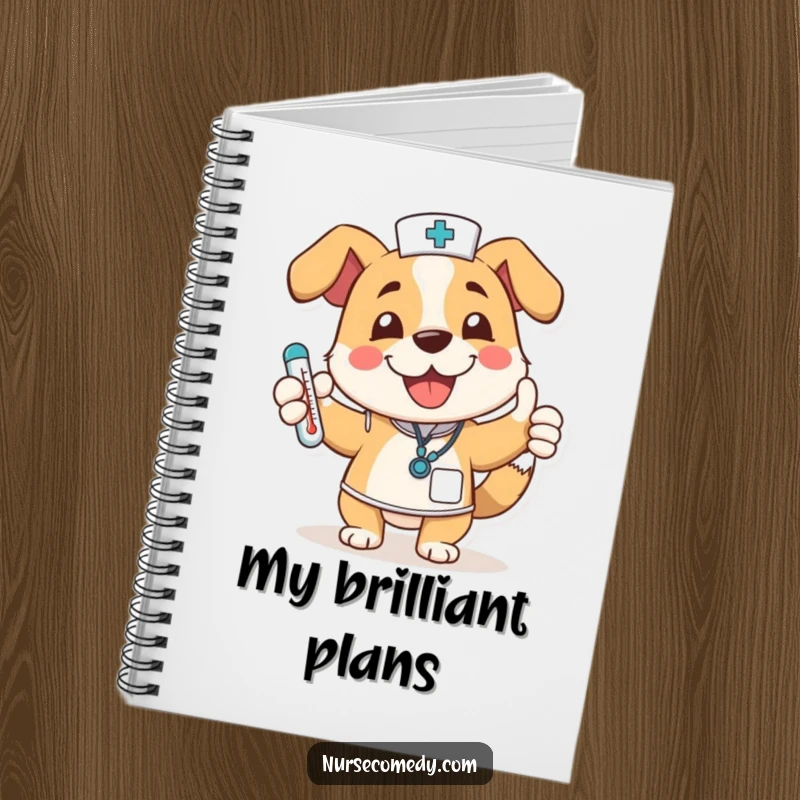 Funny dog nurse character on a notebook cover, wagging tail, thumbs up, thermometer, a delightful and useful stationery item.
