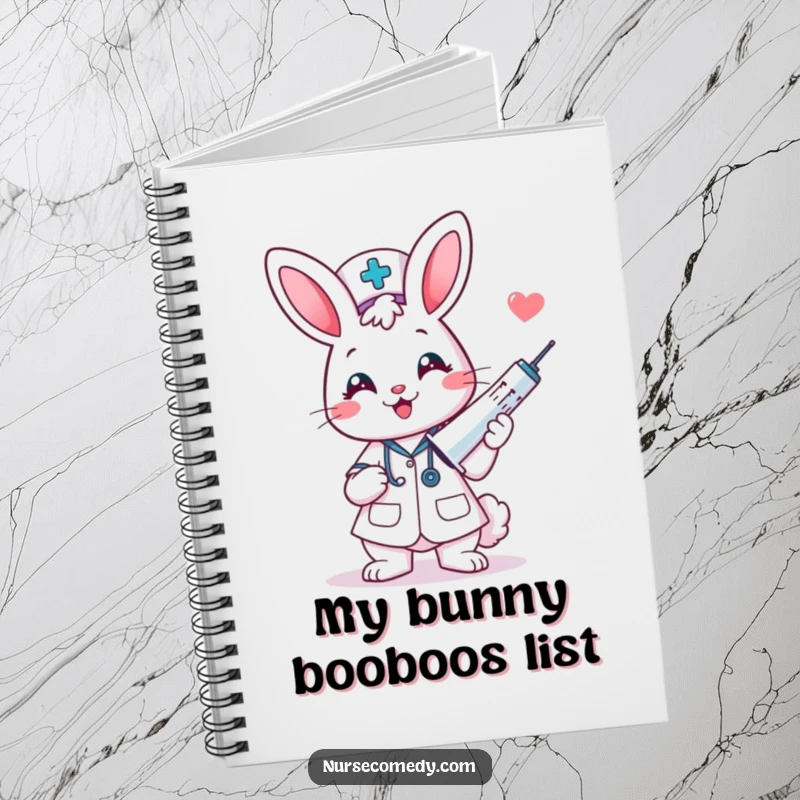 Funny kawaii bunny nurse with a giant syringe on a notebook cover, ideal for humorous note-taking.