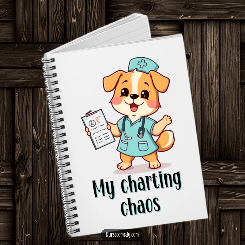 Funny dog nurse notebook featuring a lively dog nurse dancing with a medical chart, perfect for jotting down notes and plans.