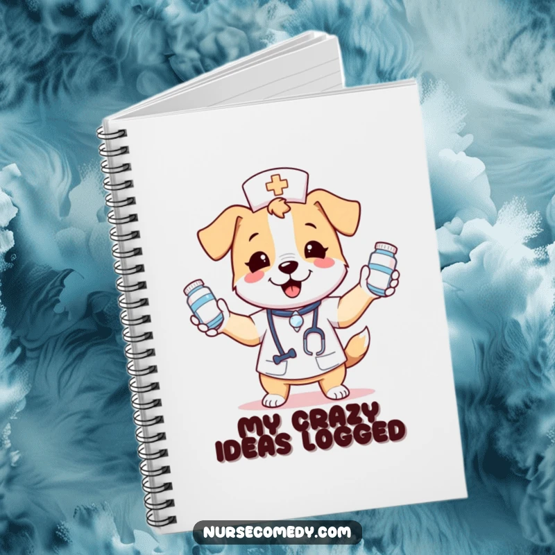 Funny notebook cover with a kawaii dog nurse juggling various medicine bottles, designed to bring a smile to note-taking sessions.
