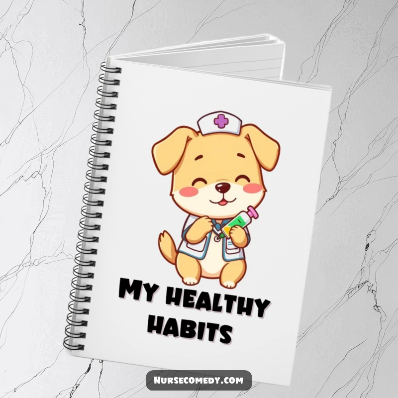 Funny dog nurse holding a vitamin shot on a notebook cover, perfect for jotting down medical notes or cheerful health tips with a smile.