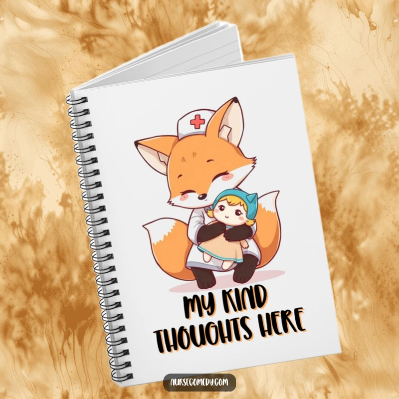 Funny fox nurse character giving a comforting hug to a doll on a notebook cover, perfect for writing and gifting.