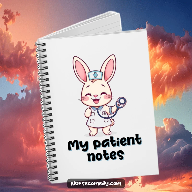 Funny Kawaii Bunny Nurse Notebook: A cheerful bunny nurse bounces a stethoscope, making this notebook perfect for jotting down notes with a humorous touch.