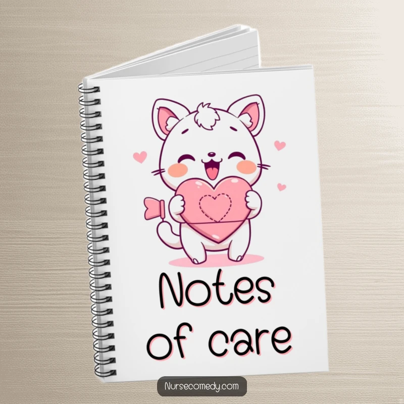 Kawaii notebook cover featuring a cute animal character rolling a heart bandage, ideal for journaling with a focus on care, kindness, and gentle recovery.