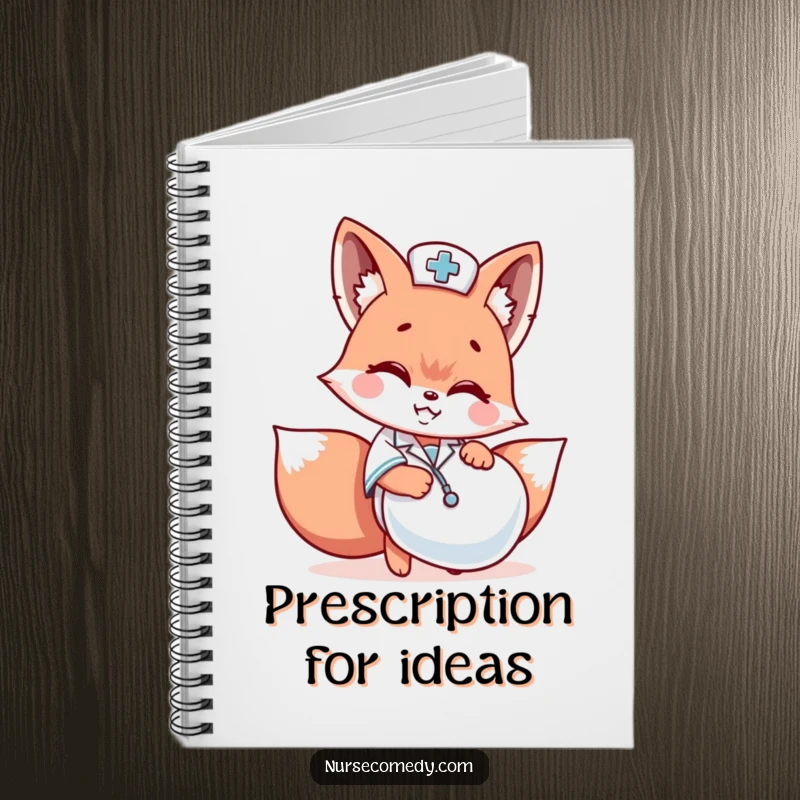 Funny Kawaii fox nurse hiding behind a giant pill capsule on the cover of a lined notebook.